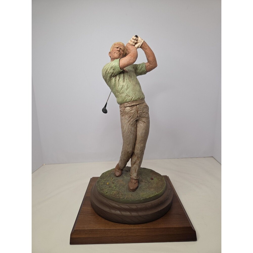 Vintage 1987 Michael Garman Hand Painted 14" Sculpture "Tee Shot" Wood Base NEW